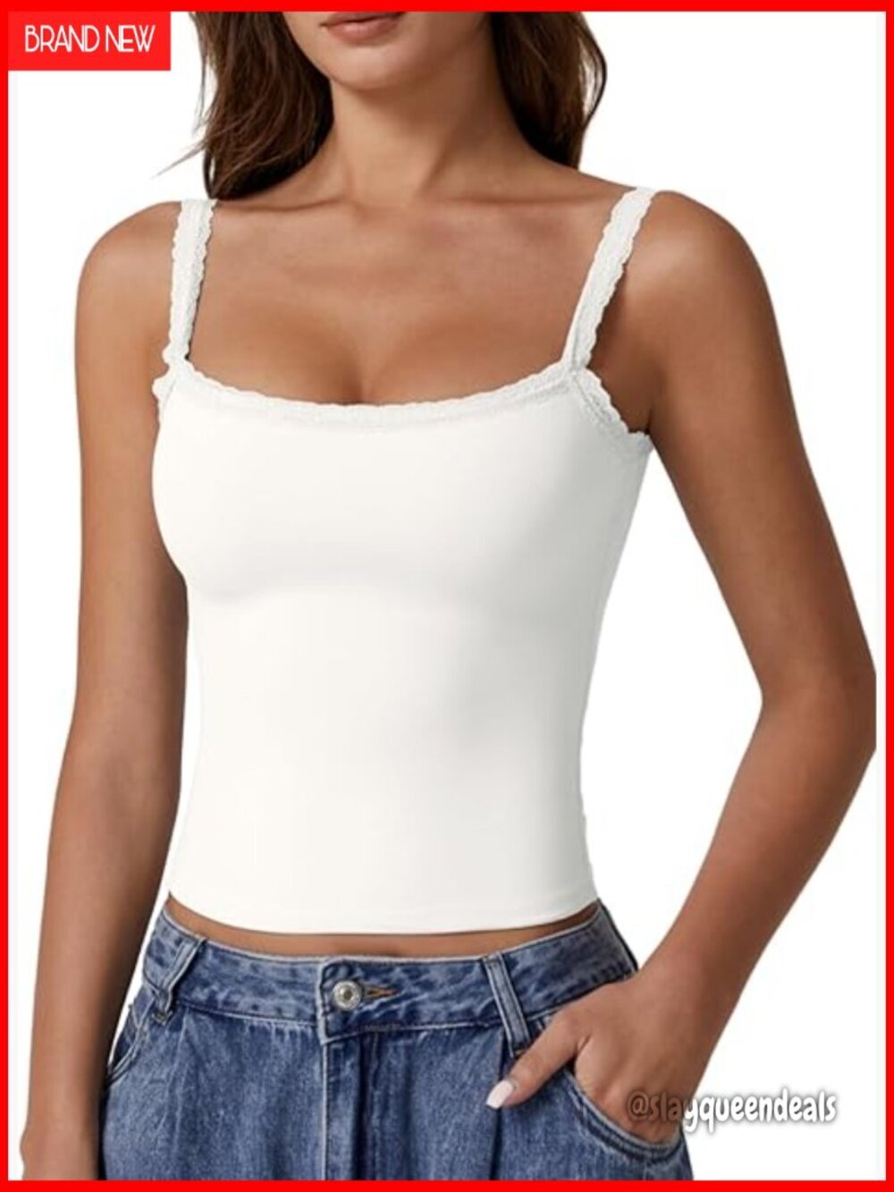 Square Neck Lace Trim Tank Top Double Lined Slim Fitted Y2K Camisole